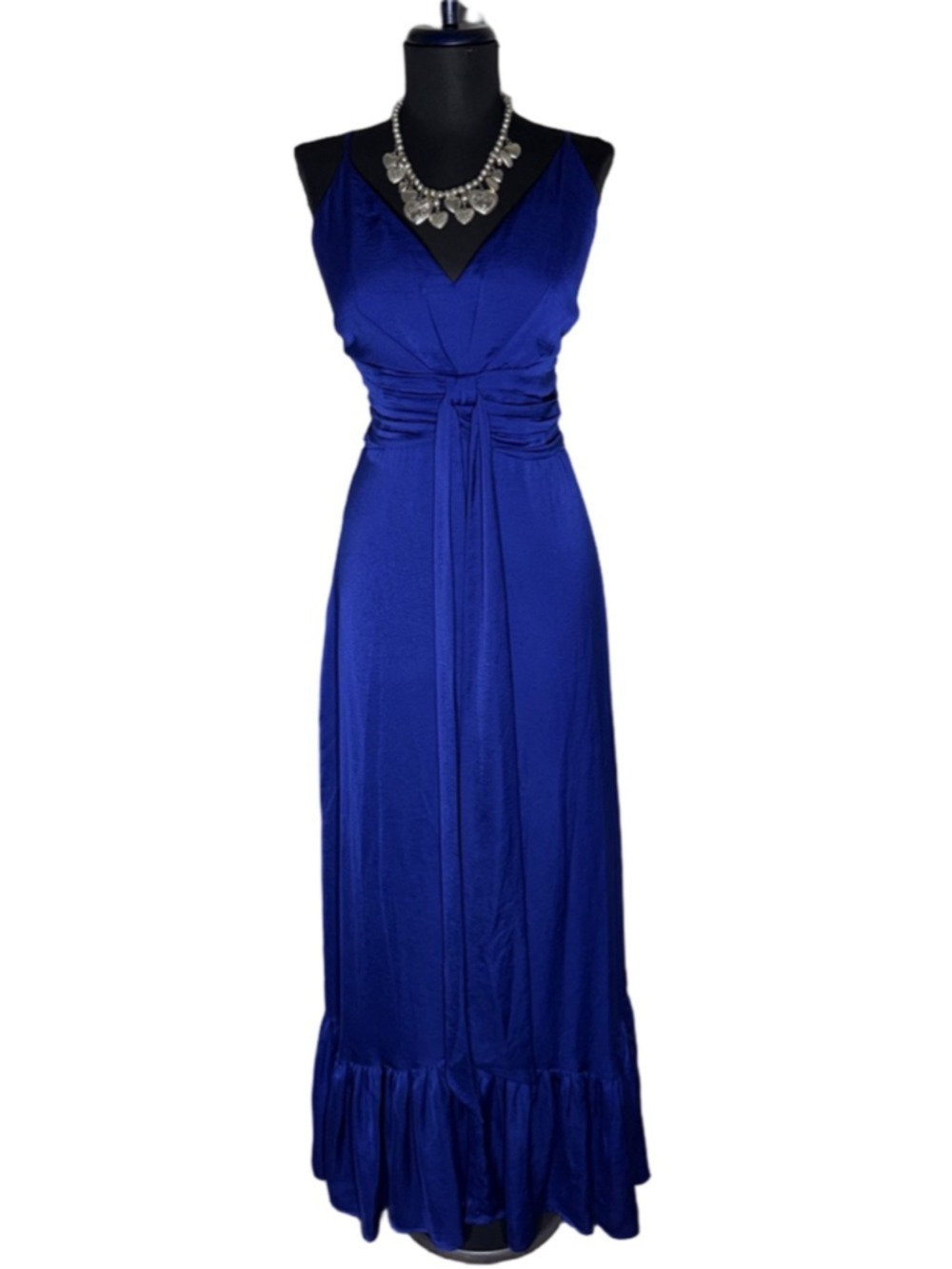Minuet royal blue cocktail maxi dress fit flare ruched waist low sexy back sz L
